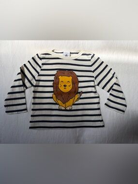 Petit Bateau Navy & White Striped Long-Sleeve Top with Lion Print